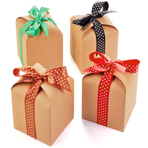 Brown Kraft Cookie Boxes with Lids & Ribbons (20 Pack) 6x5x5 Tall Square Gift Boxes for Mugs, Small Presents, Candles, Baked Goods, Candy, Fudge, Christmas, Decorative Food Packaging, Bulk, Empty