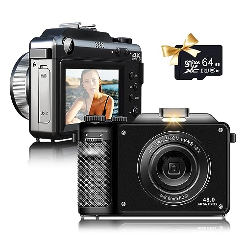 Cámara digital de 48 MP, cámara fotográfica 4K HD 1080P, filtro de 7 colores integrado, zoom digital 18X con dos cámaras en la parte delantera y trasera, tarjeta TF de 64 GB, funcionalidad WiFi,