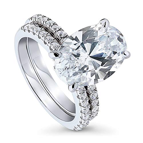BERRICLE Rhodium Plated Sterling Silver Oval Cut Cubic Zirconia CZ Hidden Halo Solitaire Engagement Wedding Ring Set 6.2 CTW Size 8