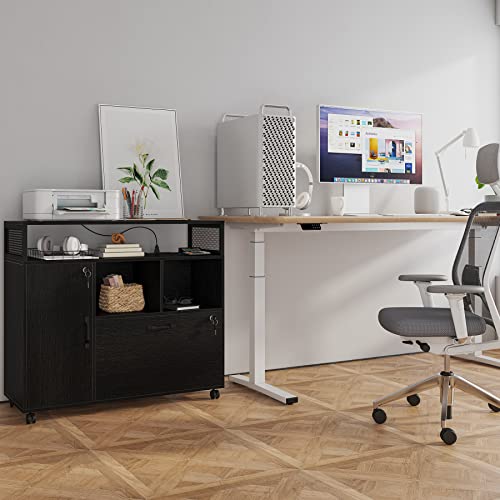 Osfvolr File Cabinet With Charging Station, Rolling Filing Cabinet With Locking Drawer For A4/Letter Size, Printer Stand With Open Storage Shelves With Wheels, File Cabinets For Home Office, Black #TOP7