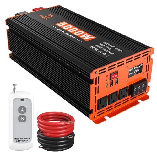 Image of 5000W Power Inverter 12V DC to 110V/120V AC Converter for RV/Truck/Boat/Camping/Off-Grid Solar Car Power Inverter Peak Power 10000W with 3 AC Outlets,USB & Type-C Port, Remote Controller & LCD Screen
