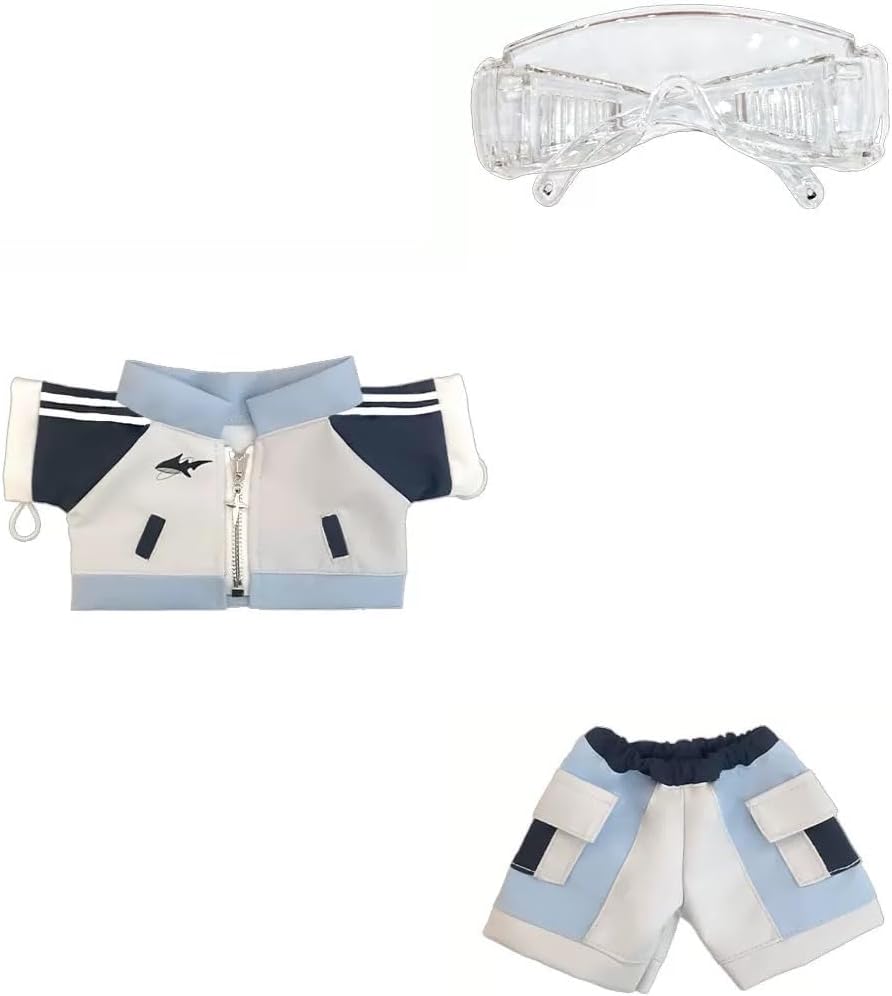 20cm Cotton Doll Clothes 3-Piece Outfit Set for Plush Dolls, Clear Goggles, Zip-Up Jacket and Shorts, Sporty Color-Block Doll Clothing