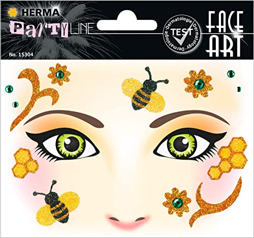 HERMA 15304 Face Art Sticker Bienen Blumen, dermatologisch getestet, ablösbare Glitzer Gesicht Aufkleber, temporäre Tattoos für Karneval Fasching Halloween Festival Kinder Geburtstag, gelb orange