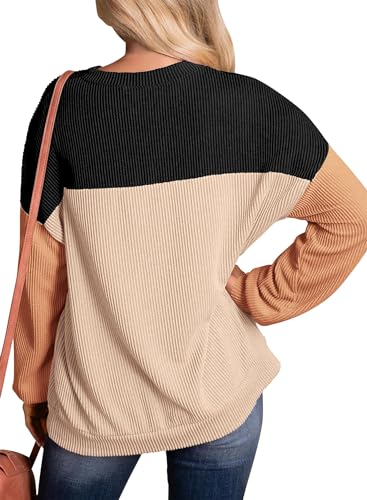 KIRUNDO Womens Spring Fashion 2025 Ribbed Long Sleeve Knit Tops Color Block Casual Loose Crewneck Pullover Shirts Clothing2