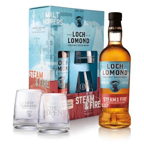 Loch Lomond Steam & Fire Single Malt Whisky Gift Set 70cl | Double Distilled Loch Lomond with Two Branded Whisky Glasses Presented in a Gifting Box for a Premium Scotch Whisky Gift Choice