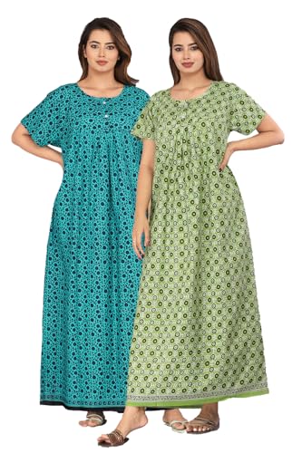 Image of Kuruti B Sheets Cotton Nighty for Women Jaipuri Print 2 Button Round Neck Short Sleeve Night Gown | Maxi Dress