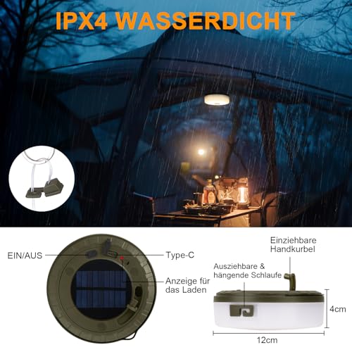 RISEMART Camping Lichterkette Aufrollbar 10M, Campinglampe mit Solaraufladung Wasserdicht Tragbare Aufrollbare Lichterkette Außen mit 5 Beleuchtungsmodi für Camping, Wandern und Hof Dekoration