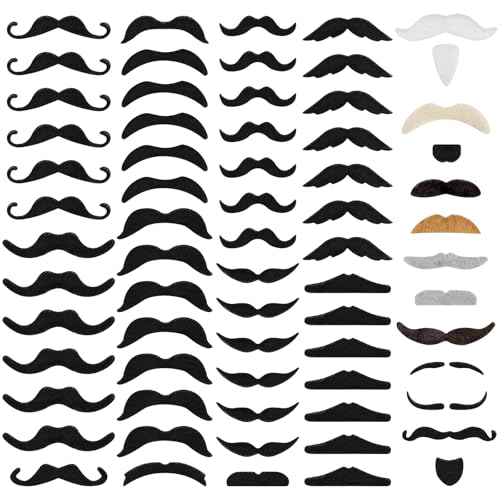 MOWPOG 66 PCS Novelty Fake Mustache Self Adhesive Beard Costume Mustaches Stickers for Cosplay Party Accessories Halloween Christmas Funny Fake Facial Hair Mustaches for All Age (22 Classic)