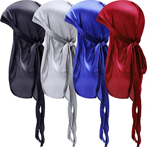 4 Pieces Baby Silky Durags with Long Tail and Wide Straps Kids Satin Durag Caps Child Headwraps for 360 Waves (Black, Red, Royal Blue, Silver)
