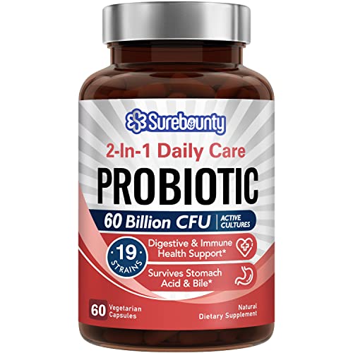 Surebounty Probiotics 60 Billion CFU 19 Strains, Probiotics for Men & Women, with 100mg Prebiotic, Shelf Stable, 2-in-1 Daily Care Probiotic, Non-GMO, Digestive & Immune Health, 60 Veggie Capsules