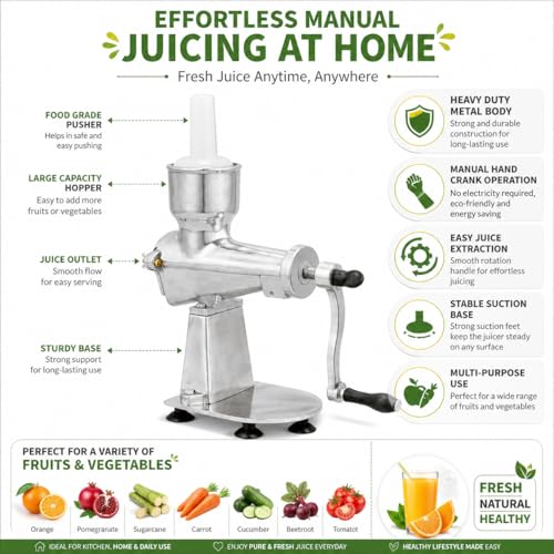 Image of Manual Hand Juicer with Suction Base | Aluminium Body Citrus Squeezer | Tabletop Lemon Orange Lime Juicer with Crank Handle | Easy & Efficient Fruit Press