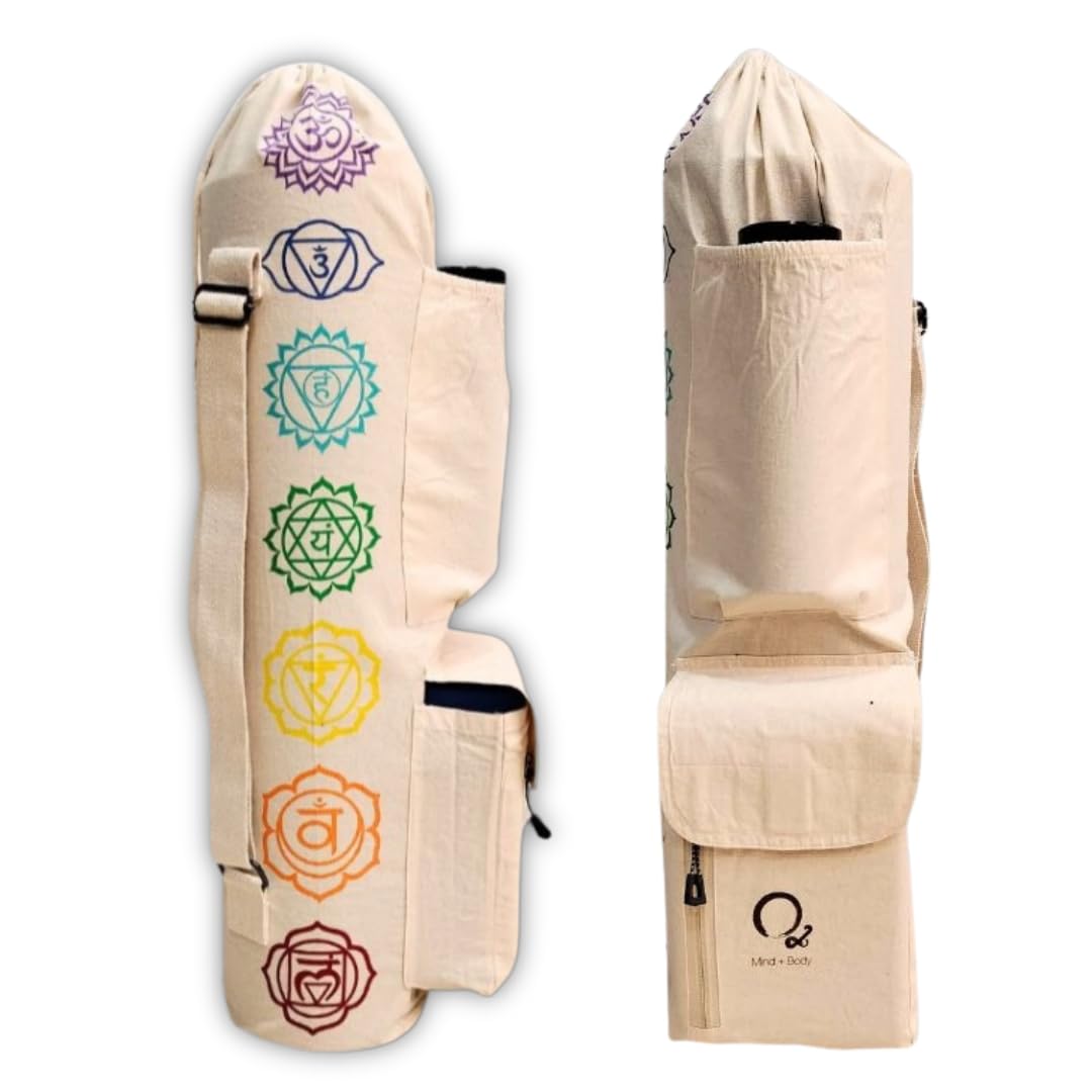 O2 7 Chakra Yoga Mat Bag, 3 Pocket Block Style | Space for Yoga Block, Bottle, Zipper Pocket for valuables, Adjustable Double Straps, Natural Cotton Beige, for Light Weight mats