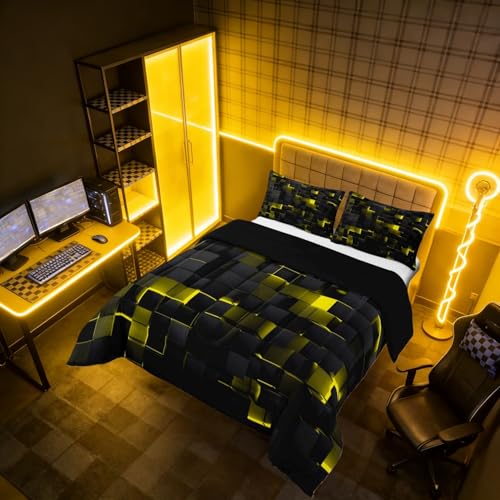 Image of Erosebridal Black Yellow Comforter Set Full Neon Geometric Checkered Bedding Set for Kids Adults Abstract Stereoscopic Grids Quilt Square Plaid Bed Set 3 Pcs Gamer Room Decor