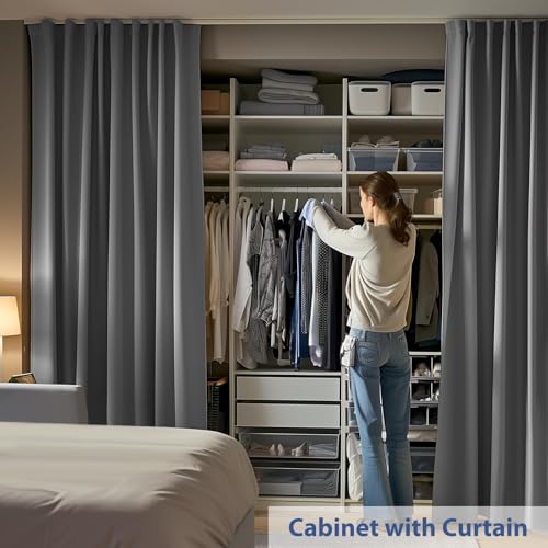 Image of Room Divider Ceiling Mounted Curtains Track Sets Extra Wide Blackout Curtain Flexible Tracks for Bedroom Privacy Partition Separator, 1 Panel Grey Drape and White Rail, W12.5 x H9ft