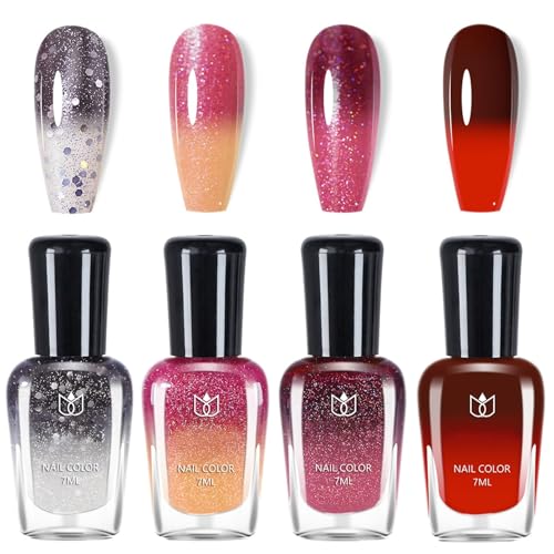 DMQ Color Changing Nail Polish Sets, 4Pcs Temperature Colour Changing Quick Dry Nail Varnish Kit, Long-Lasting Glitter Nail Gel Nail Lacquer Sets for Women DIY at Home Without Use UV Lamp