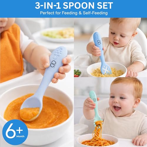 Image of Baby Training Spoon Set, Multi 3 Silicone Spoon for Baby 6 to 12 Months, 3 Pc, Self Feeding Cutlery for Puree Snacks and Daily Meals, Daily Feeding Essential. Easy to Carry for Home, School