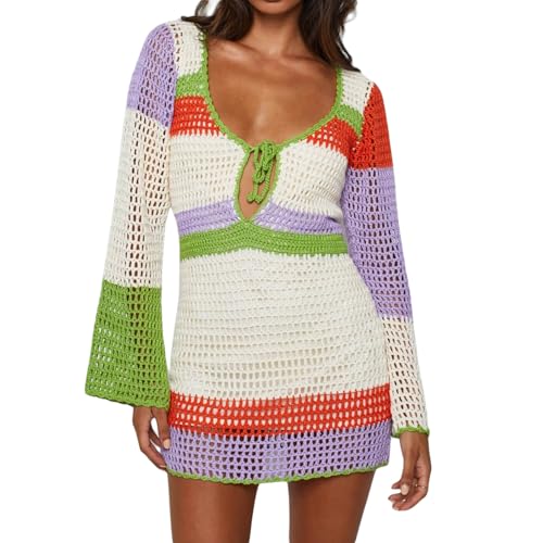 Image of Women Crochet Knit Mini Dress Colorful Striped Long Sleeve See Through Mesh Cover Ups Summer Beach Wear
