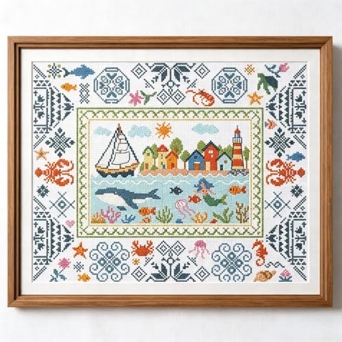 Image of FREEBLOSS 11CT Cross Stitch Kit Stamped Cross Stitch Craft Kit with Stitching Guide for Beginners Coastal Scenes Embroidery Set Crossstitch Wall Hanging Set 15.7x19.7inch