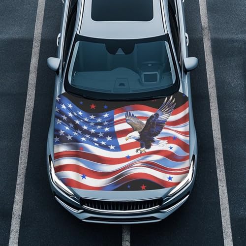 Image of Car Hood Cover Car Hood Wraps American Flag Bald Eagle Auto Banner Stretchable Auto Decorative Accessories for Compact Sedans SUV Trucks (59x39 Inch)