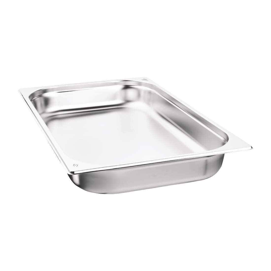 NISBETS Essentials GN 1/1 - Juego de 3 sartenes de acero inoxidable 1/1, aptas para lavavajillas, 9 L, 65 x 530 x 325 mm, color plateado