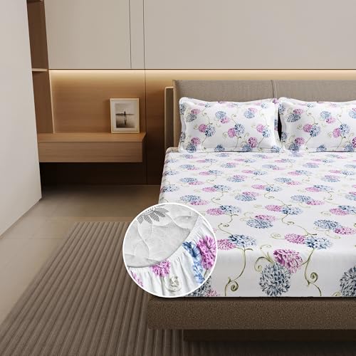 Divine Casa Double Fitted Bedsheet with 2 Pillow Covers (200 x 150 CM) | 100% Cotton Double Bed Sheet | Elastic Bedsheet Double with All Around Grip | Mattress Sheet 200x150