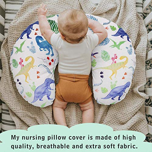Image of Dinosaur Nursing Pillow Cover, Breastfeeding Pillow Slipcover for Baby Boys & Girls, Nursing Pillow Case for Newborn, Soft Fabric Fits Snug On Infant, Washable & Breathable, Watercolor Dinosaur