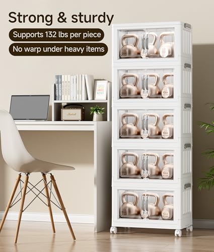 Hanyi 380 QT Stackable Storage Bins with Lids, 5 Tier Collapsible Plastic Storage Cabinet with Magnetic Doors, Removable Top Lid, Locking Wheels, Closet Organizer for Bedroom, Pantry, Office - Image 5
