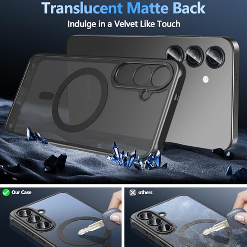 Image of OWKEY for Samsung Galaxy S25 FE Case 6.7'', Magnetic Galaxy S25 FE Case for Magsafe with Tempered Screen Protector [Shockproof Military] Translucent Matte Bumper Phone Cover Samsung S25 FE 5G, Black
