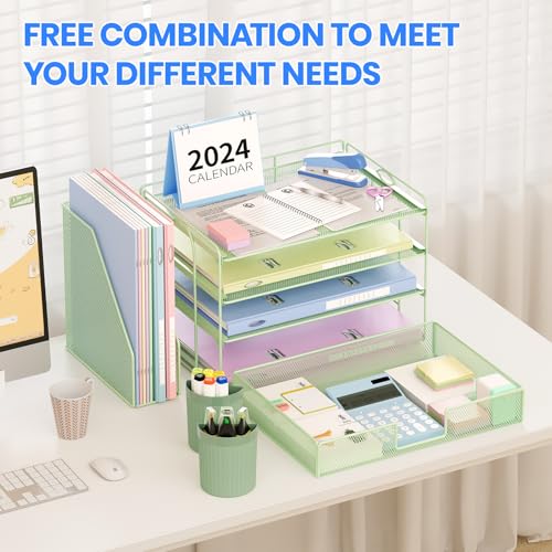 Image of OPNICE Desk Organizer, 4-Tier Desktop File Organizer with Drawer and Pen Holders, Office Desk Accessories, File Sorters, Workspace Organizers for Office Supplies(Green)