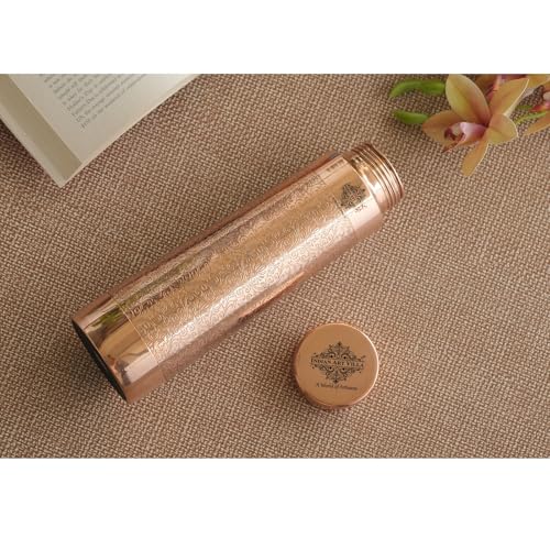 Image of INDIAN ART VILLA Copper Drinkware Pyramid Shape Embossed Design Copper Bottle, 800 ML, Printed Shine Brown