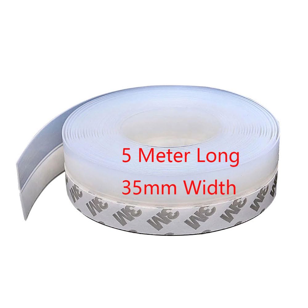 5M Window Sealing Strip, Self Adhesive Weather Stripping 35mm Width, Silicone Door Bottom Seal Strip Tape for Gaps of House Glass Shower Window and Door Weatherproof Soundproof, Transparent