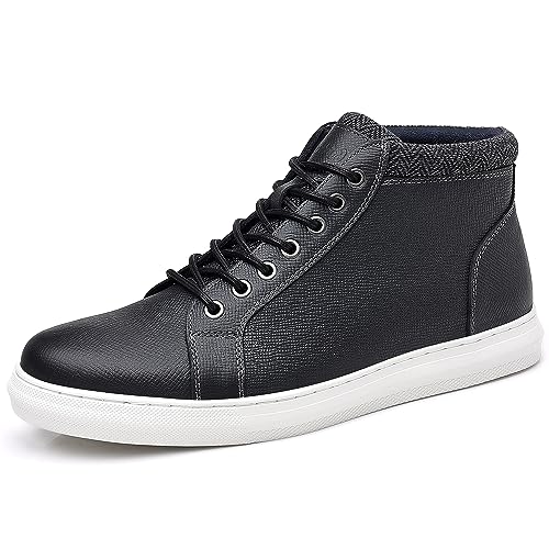 Men's Black Leather Mid Top Casual Oxford Sneaker Boot Embossed Lychee Pattern Genuine Leather Upper Fashion Design Daily Walking Shoe for Men Size 10.5