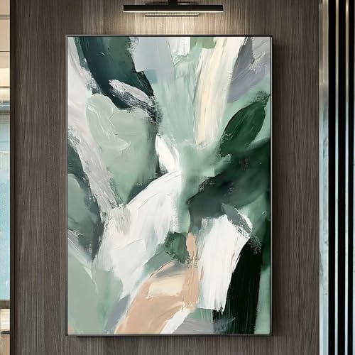 Green White Abstract Canvas Wall Art Dark Green Painting Green and Gray Abstract Poster Prints Neutral Gray Pictue Green and Beige Wall Art for Living Room Decor 16x24inch Unframed