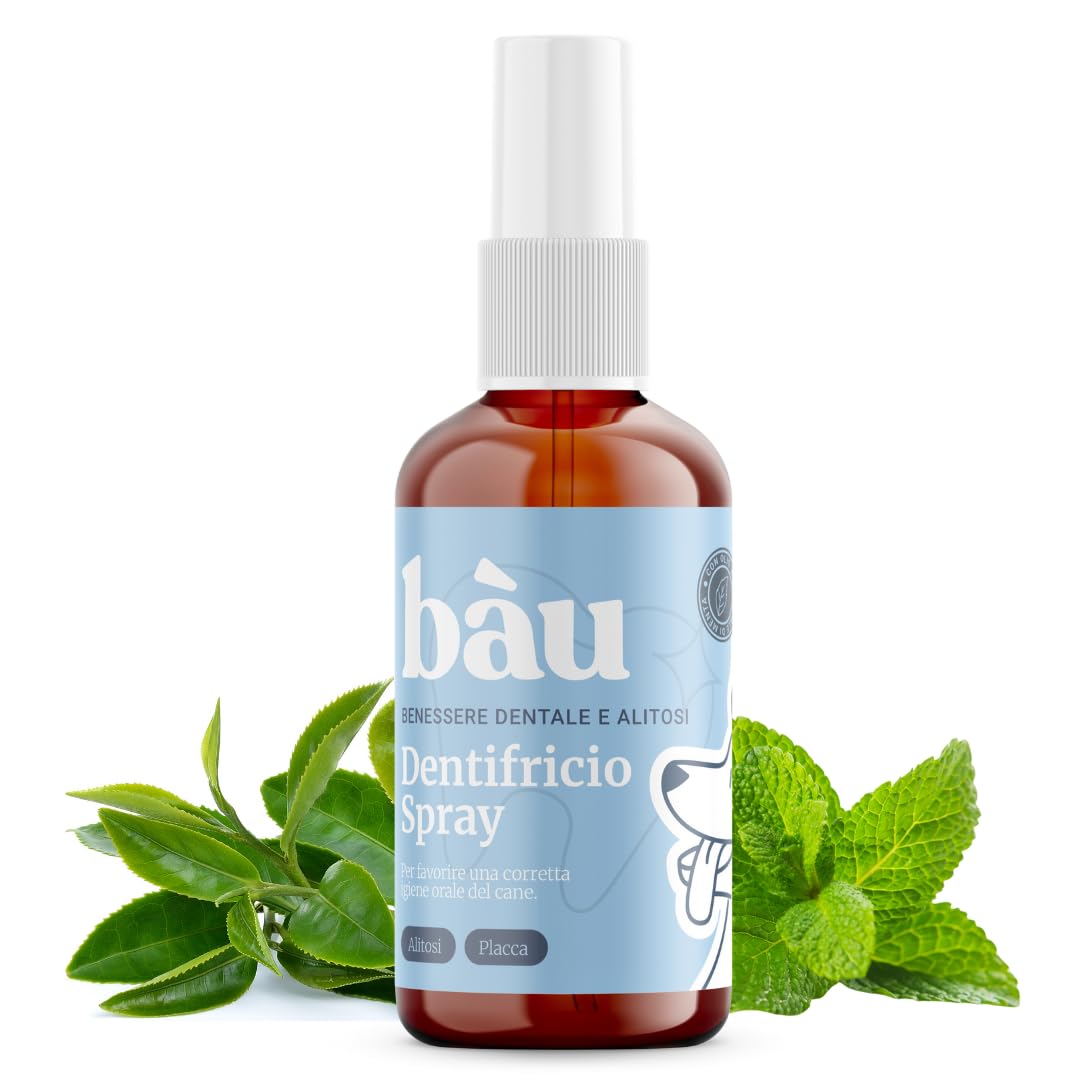 Bàu Dentifricio Spray per Cani, Pulizia Denti Cane Profonda, Spray Alito Cane Sgradevole, Previene Tartaro, Dentifricio per Cani Arricchito con Menta ed estratti di Tè Verde - 100 ml