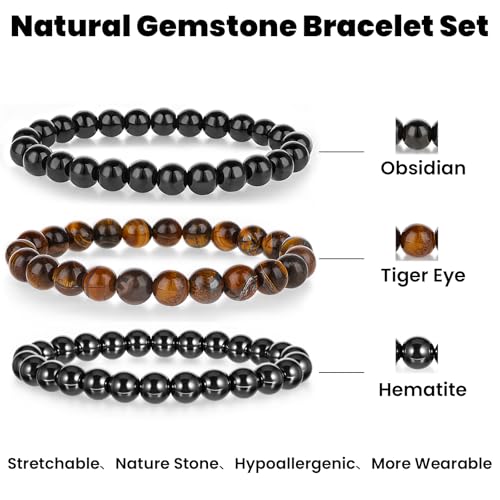 3Pcs Beaded Bracelets for Men – 8mm Beads Stretch Elastic Spiritual Bracelets Jewelry Gift for Men Women Black Obsidian, Hematite, Tiger Eye Stone2