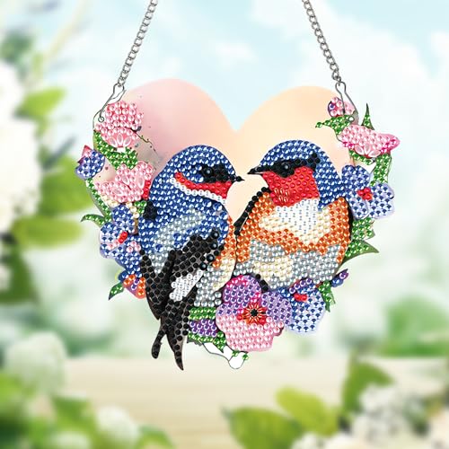Image of Diamond Art Painting Hanging Kit for Adults, Heart-Shaped Romantic Love Birds DIY Diamond Painting Acrylic Ornament, Diamond Art Pendant Window Suncatcher Wall Door Home Decor