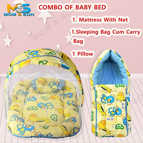 Image of MOM & Son Baby Cotton Bedding Set Mattress with Net & Baby Sleeping Bag (0-3 Months) (Yellow & Green, Single Size)