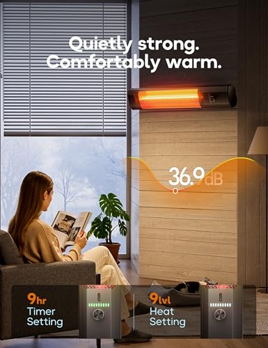 Patio Heater for Outdoor Use, 34\" Electric Overhead Heaters, 1500W, Wall Mount Infrared Heater, 9 Levels Heating with Remote, 9H Timers, IPX5 Waterproof, Garage, Restaurant Backyard, Black