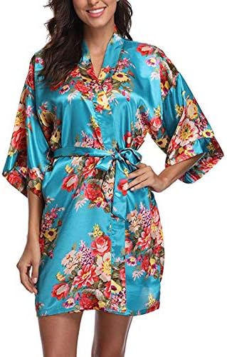 Women's Floral Satin Kimono Robe Short Silk Bathrobe Bride and Bridesmaid Sleepwear