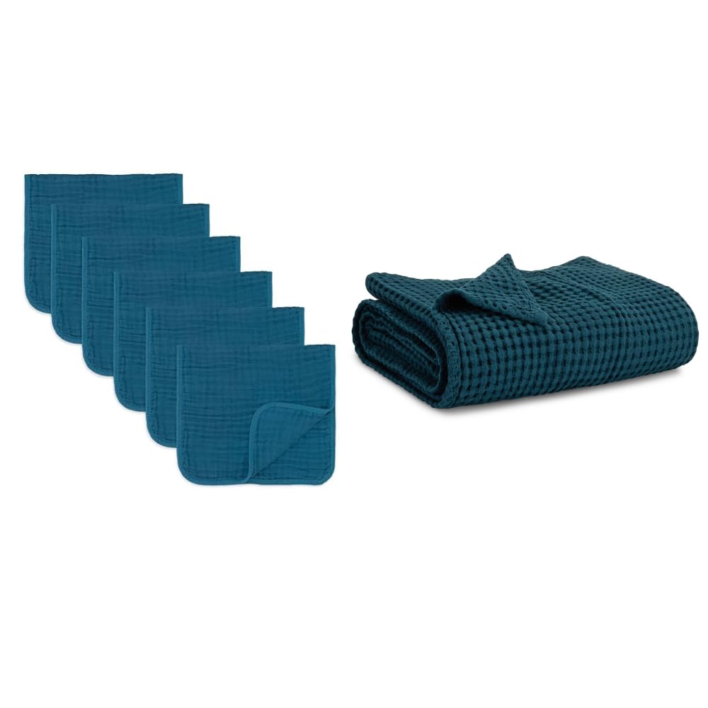 Comfy Cubs Muslin Burp Cloths 6 Pack and Baby Waffle Blanket Bundled
