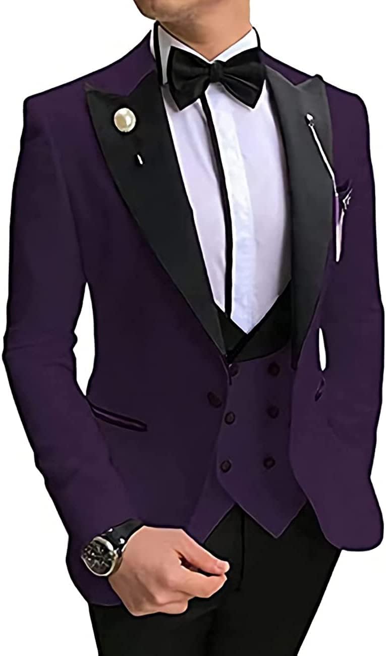 Slim Fit Tuxedo for Men 3 Piece One Button Blazer Double Breasted Vest Wedding Formal Prom Dinner Suit with Tie