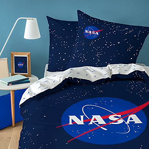 NASA Star Parure de Lit Enfant 140x200 cm | Housse de Couette 1 Personne 140x200 cm + 1 Taie d'oreiller 63x63 cm Imprimées Reversibles | 100% Coton | Oeko-TEX | Bleu Nuit