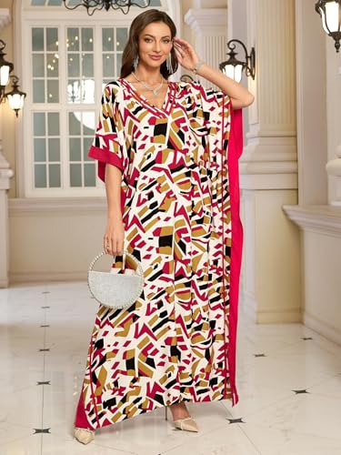 Image of KECVOT Kaftan Dresses for Women V-Neck Print Swimsuit Cover Up Plus Size Beach Caftan Lounge Dress