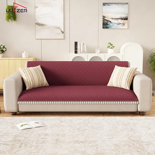 Image of Lukzer Quilted Sofa Cover Mat with Tassels for 3 Seater Sofa - Cranberry Red | Soft Washable Anti-Slip Protector for Living Room | Furniture Cover for Back-Seat Slipcover 180X150CM / SC-194-3T