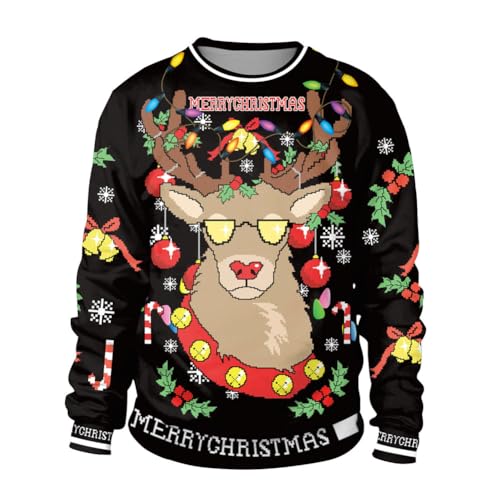 Adults Ugly Christmas Sweatshirt Crew Neck Novelty 3D Printed | S-XXL, Men Women Costume Long Sleeve Tops, Santa Claus, Elk, Snowflake Pattern, Funny Xmas Jumper, Festival Holiday Party