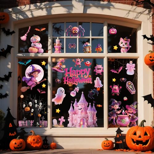 75PCS Halloween Window Clings 9 Sheets Halloween Decorations Cute Pink Castle Witch Tree Zombie Ghost Patterns PVC Window Stickers for Treat or Trick Party Favors Decal Supplies Decor Accessories