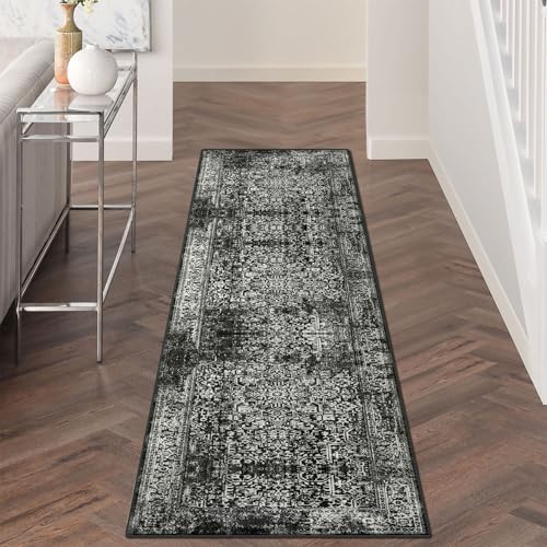 vivorug Runner Rug 2'x8' Vintage Washable Non-Slip Runners for Hallways Kitchen Entryway Laundry Room Carpet Hallway Runner, Black and White Rug