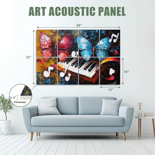 8 Paneles acústicos artísticos pack de 8, absorben sonido, diseño abstracto con notas musicales y mariposas, autoadhesivos, para estudios de grabación y oficina 48"x32" miniatura 2