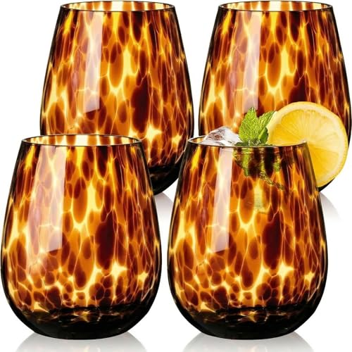 tortoise shell stemless wine glasses set of 4, brown decorative tumbler cups for wine & drinks? stemless drinking glasses for wedding gifts, housewarming, 15oz