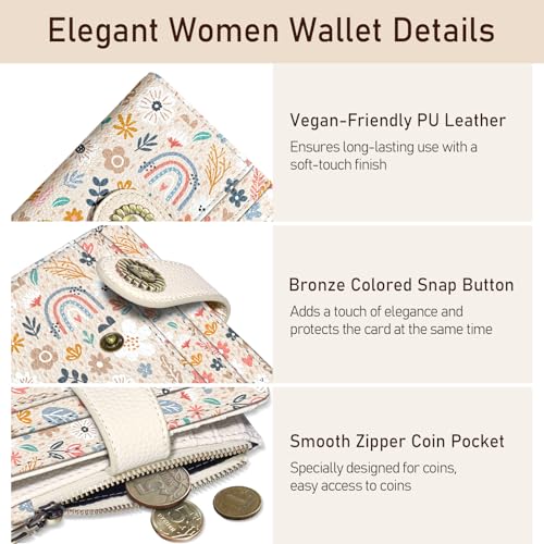 Image of Kelvoris Rainbow Flower Floral Small Rfid Women Wallet Zipper Coin Pocket | Bifold PU Leather Compact Cash Credit Card Holder Travel Purse for Female Ladies Teen Girls 1 ID Window 10 Card Slots